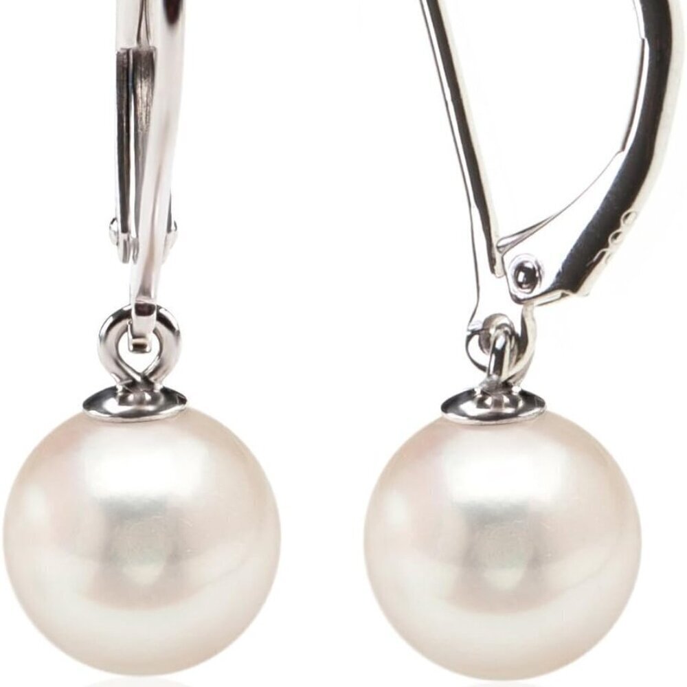 Sterling Silver Pearl Drop Earrings Rhodium-Plated Dangle Leverback Studs